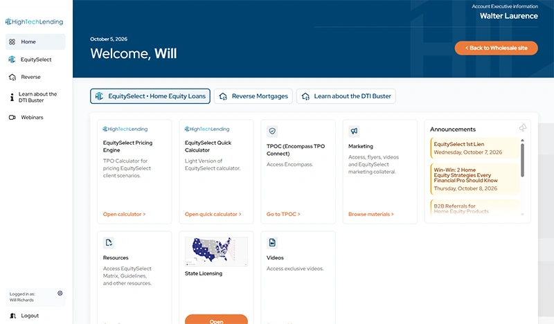 HTL Wholesale broker portal showing calculators, marketing materials and resources